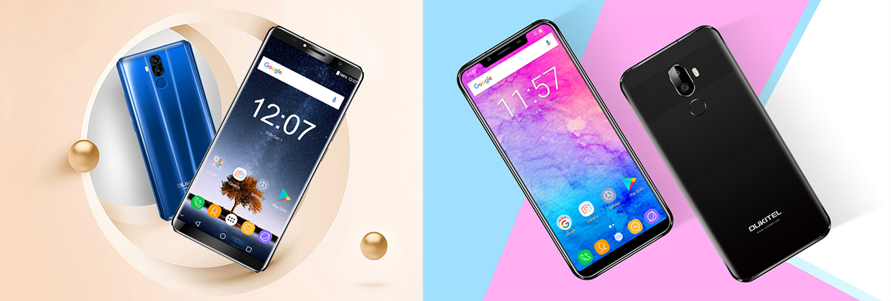 сравнение двух моделей телефонов оукител синего и черного цвета, задняя панель смартфонов и экран с изображением поиска гугл